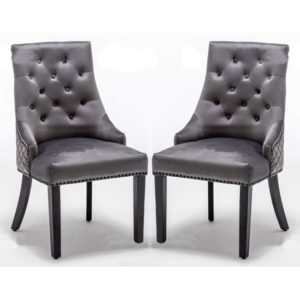 Carrboro Round Knocker Dark Grey Velvet Dining Chair In Pair