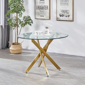 Daytona Round Clear Glass Dining Table With Brushed Gold Legs