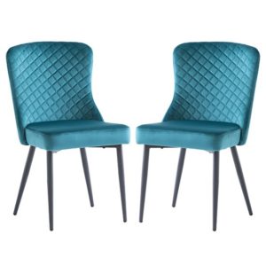 Helmi Peacock Velvet Dining Chairs With Black Legs In Pair