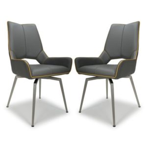 Mosul Swivel Leather Effect Graphite Grey Dining Chairs In Pair