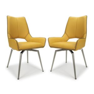 Mosul Swivel Leather Effect Yellow Dining Chairs In Pair