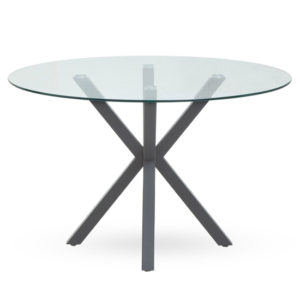 Sawford Round Clear Glass Dining Table With Grey Metal Legs