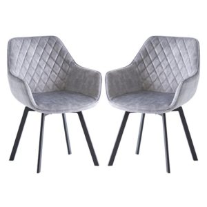 Viha Swivel Silver Velvet Dining Chairs In Pair