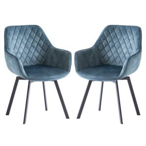 Viha Swivel Teal Velvet Dining Chairs In Pair