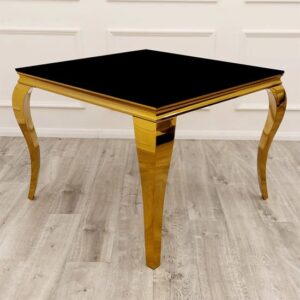 Laval Square Black Glass Dining Table With Gold Curved Legs