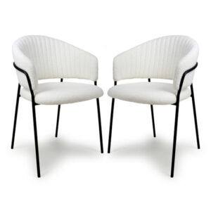 Monza White Boucle Fabric Dining Chairs With Black Legs In Pair